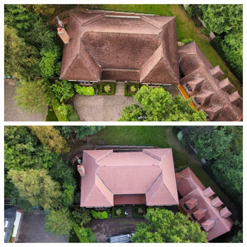 before after roof cleaning with pressure washing